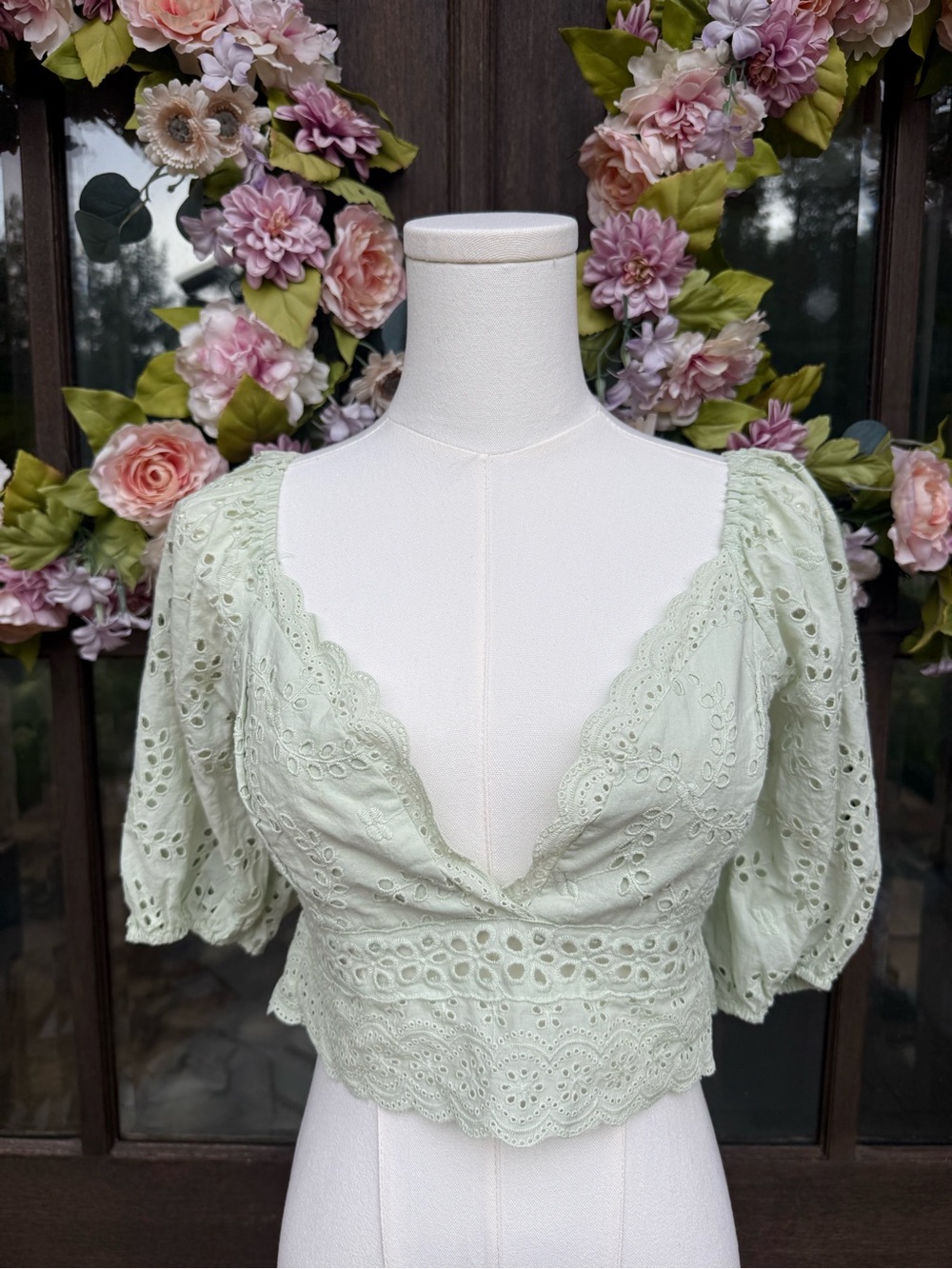 Altar'd State Sage Green Eyelet Crop Top